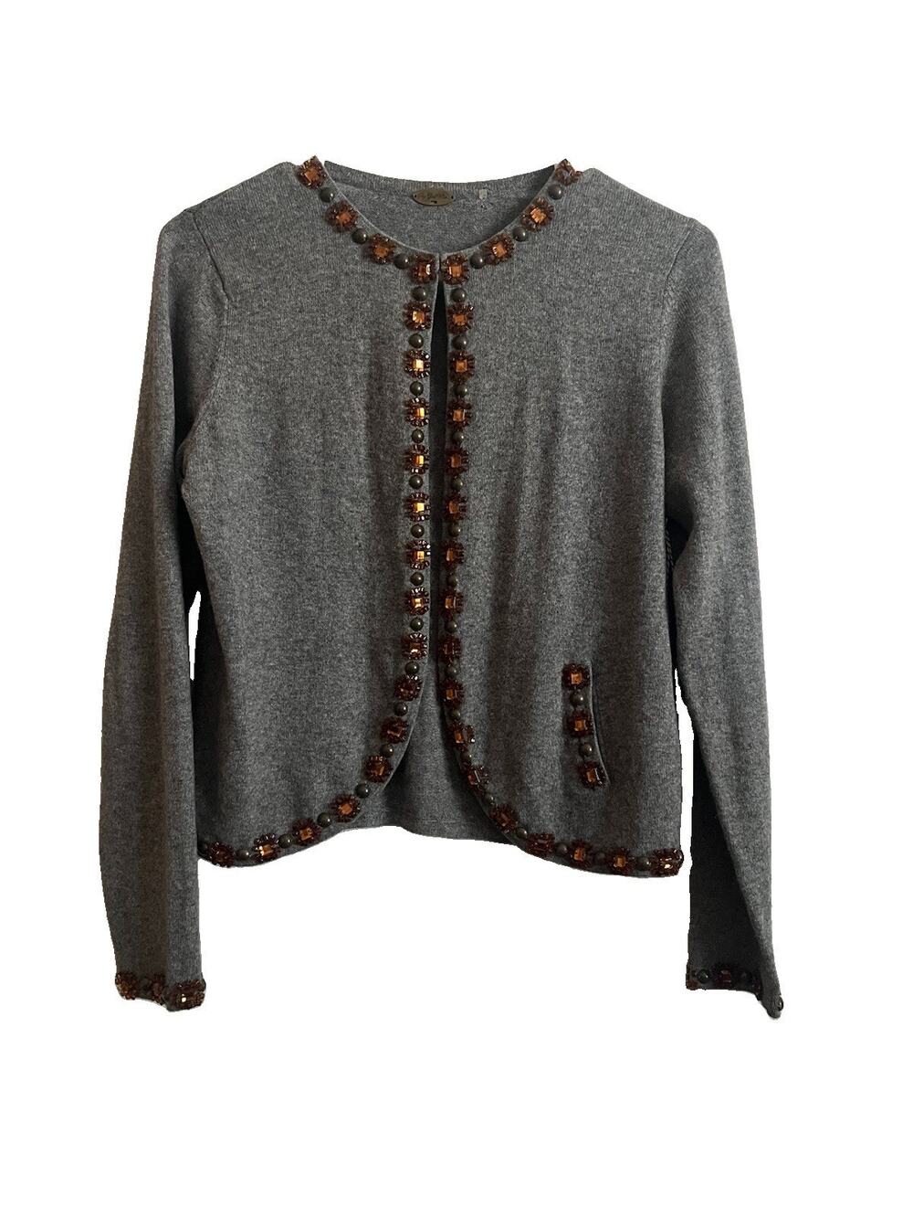 One Girl Who Gray Cashmere Cotton Cardigan Jeweled Beaded Rhinestone Sweater
